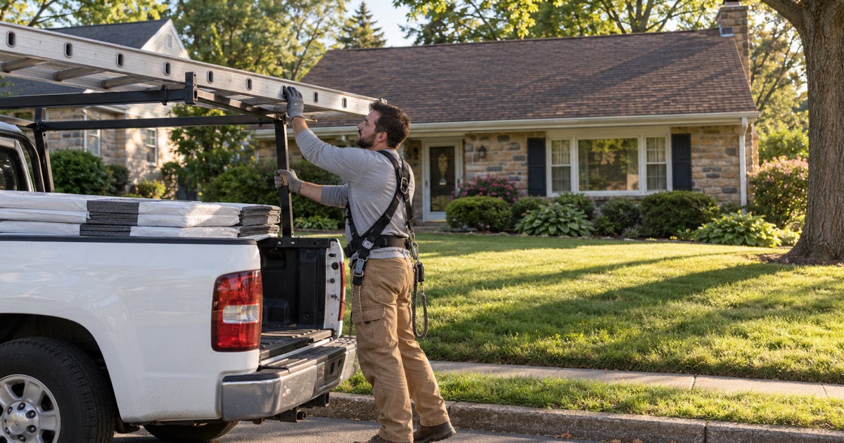 A roofer sliding a ladder off the rack of a work pickup at the start of a job on an Abington Township street.