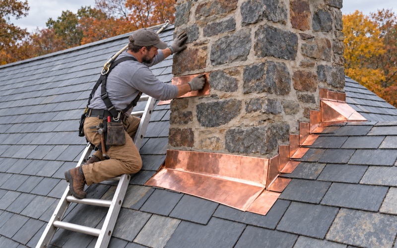 New counter flashing let into a cut mortar joint on a stone chimney over a slate roof in Abington Township.