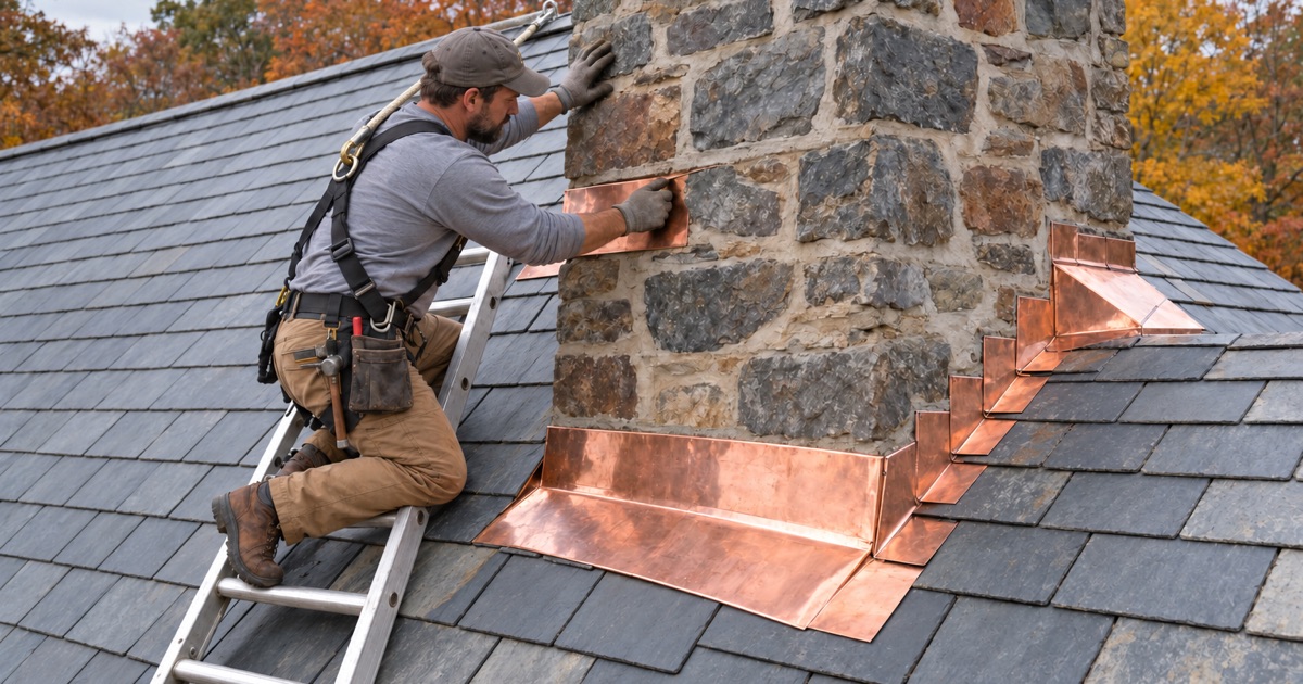 New counter flashing let into a cut mortar joint on a stone chimney over a slate roof in Abington Township.