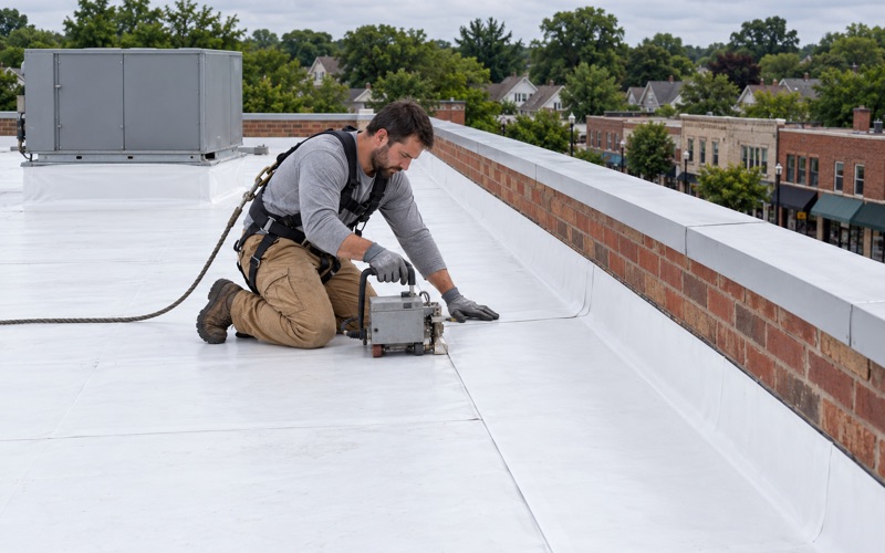 A roofer heat-welding a TPO membrane seam on the flat roof of a one-story commercial building in Abington Township.