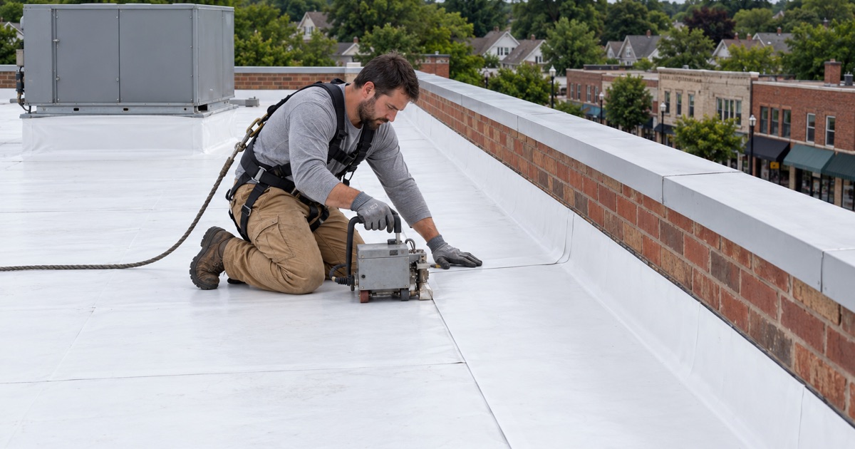 A roofer heat-welding a TPO membrane seam on the flat roof of a one-story commercial building in Abington Township.