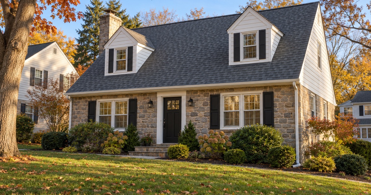 A finished new slate-gray shingle roof on a 1950s fieldstone Cape Cod in Abington Township on a calm autumn afternoon.