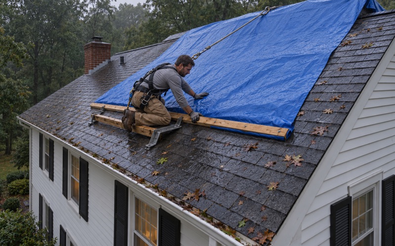 A heavy tarp wrapped over battens and across the ridge to keep rain out of a damaged roof in Abington Township.