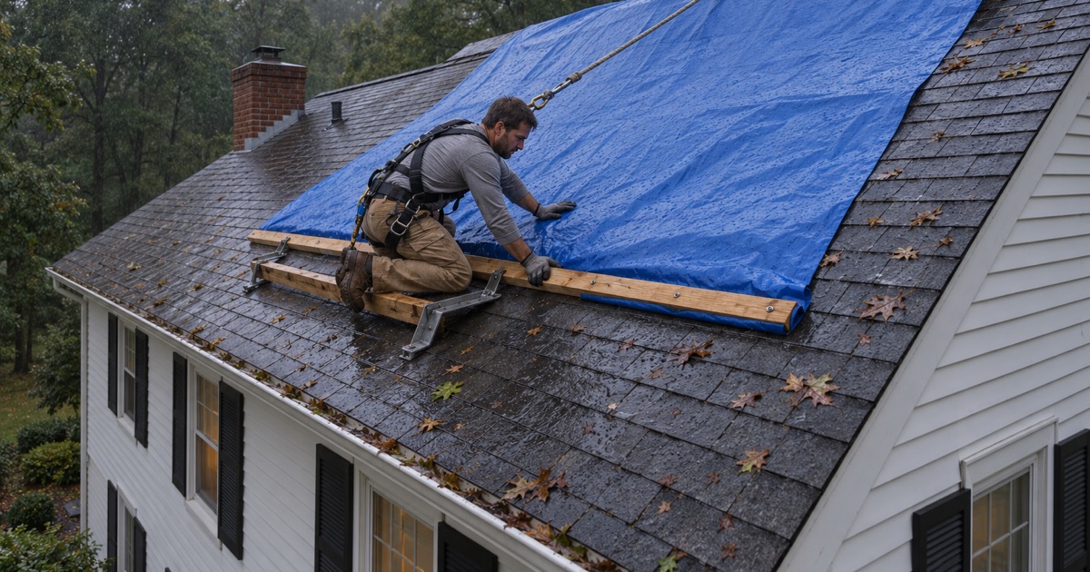 A heavy tarp wrapped over battens and across the ridge to keep rain out of a damaged roof in Abington Township.