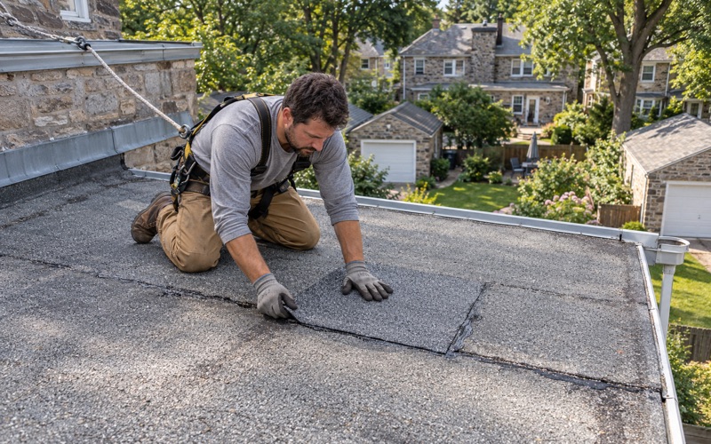 A modified bitumen patch pressed down over a split in the flat rear roof of a Glenside stone twin.