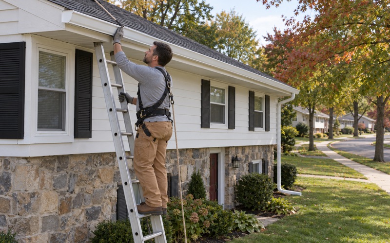 A new seamless aluminum gutter guided into its last hanger along the eave of a split-level in Abington Township.