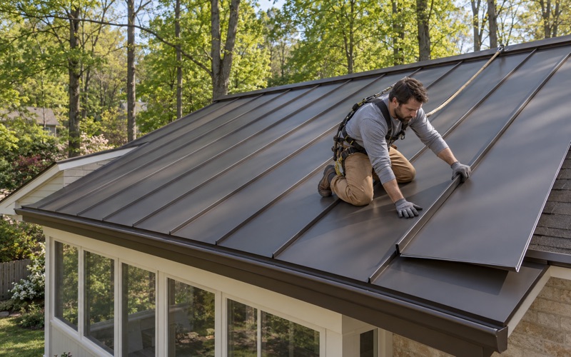 Dark bronze standing-seam steel panels being fastened on the low back roof of a ranch in Abington Township.