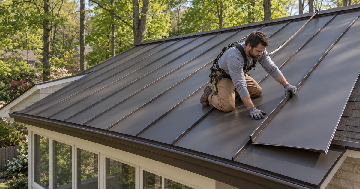 Dark bronze standing-seam steel panels being fastened on the low back roof of a ranch in Abington Township.
