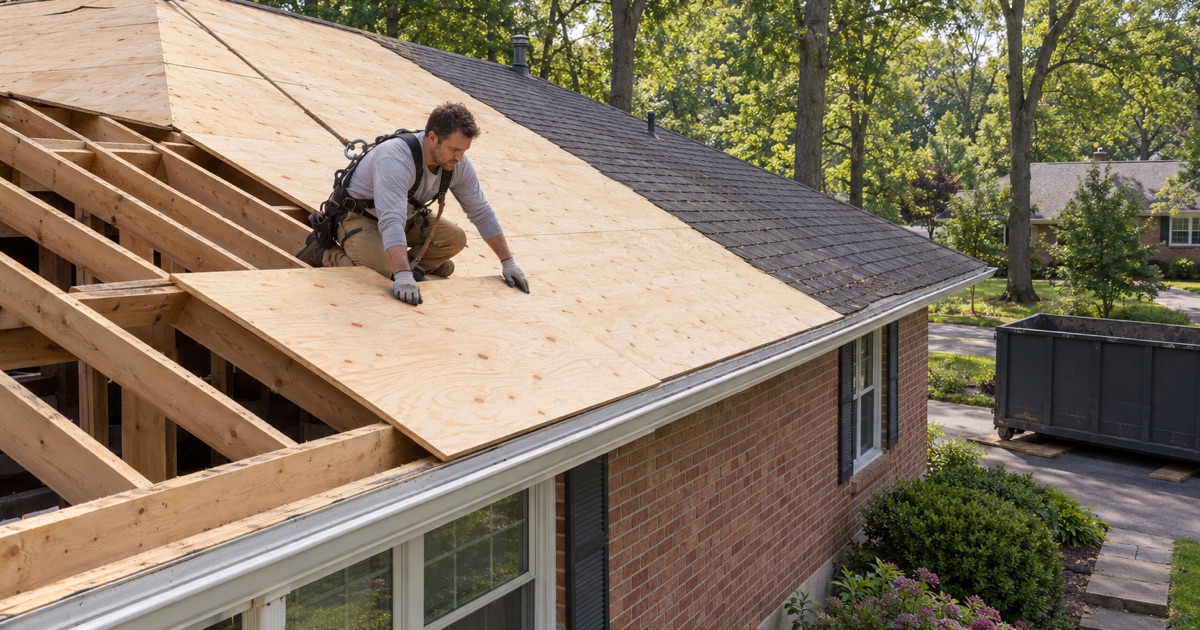 A new plywood deck going down over the rafters of a 1950s ranch in Huntingdon Valley during a full roof replacement.