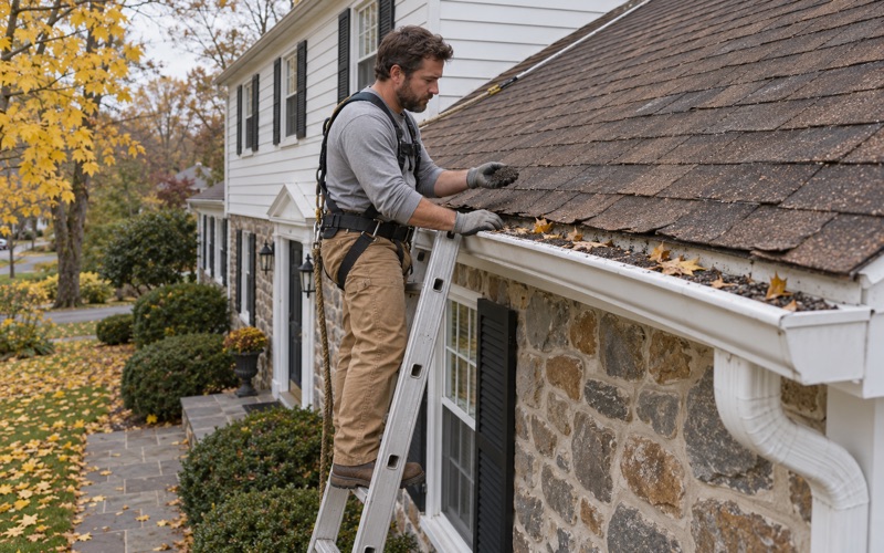 A roofer inspecting worn shingles and loose granules in the gutter at the eave of a two-story colonial in Abington Township.