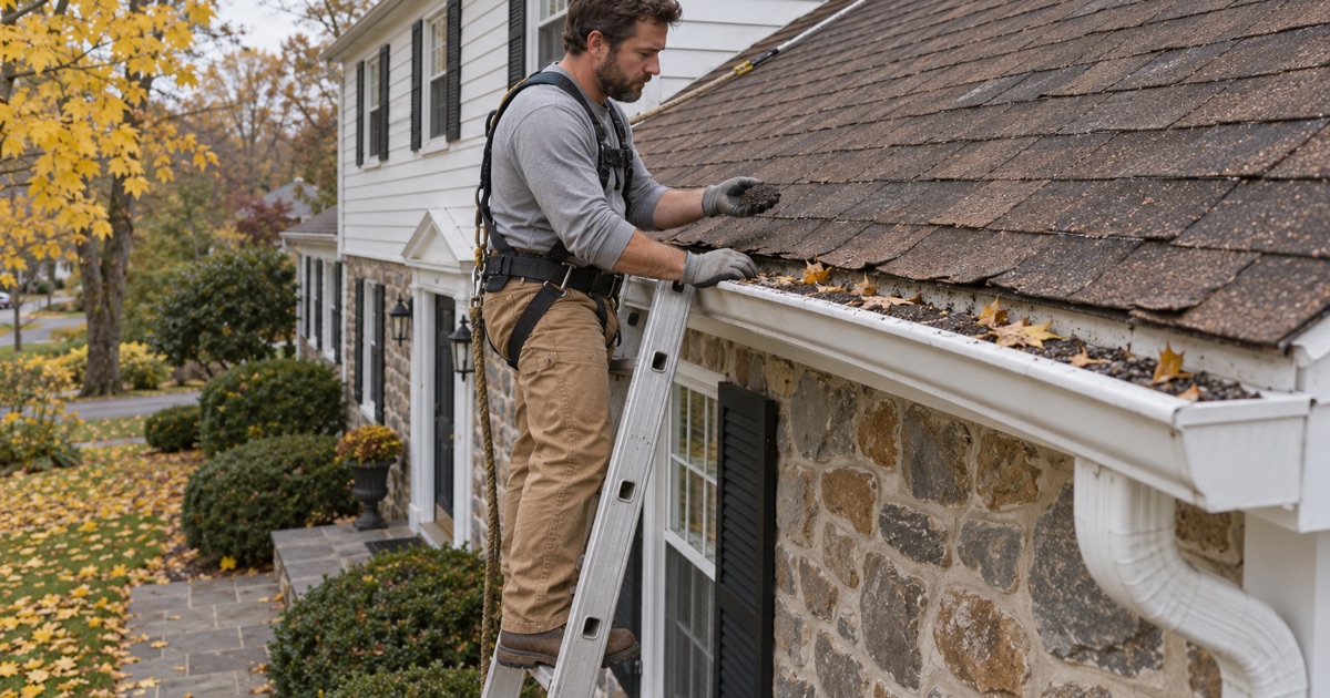 A roofer inspecting worn shingles and loose granules in the gutter at the eave of a two-story colonial in Abington Township.