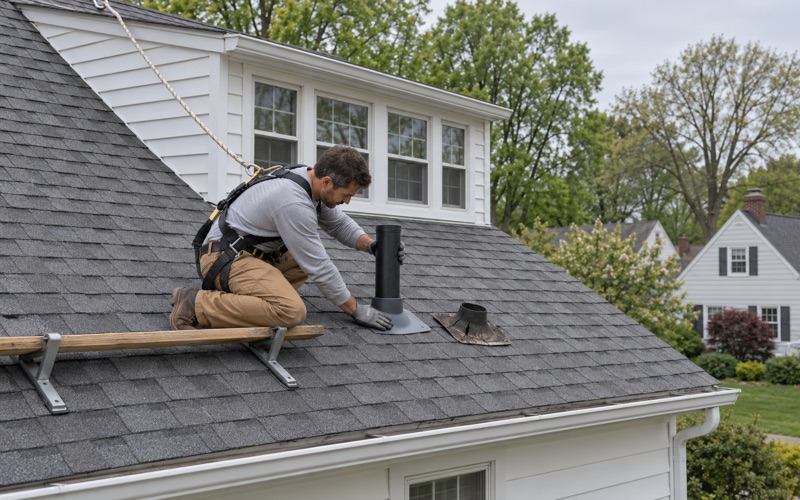 A new pipe boot fitted around a plumbing vent on the rear roof of a Cape Cod in Abington Township to stop a leak.