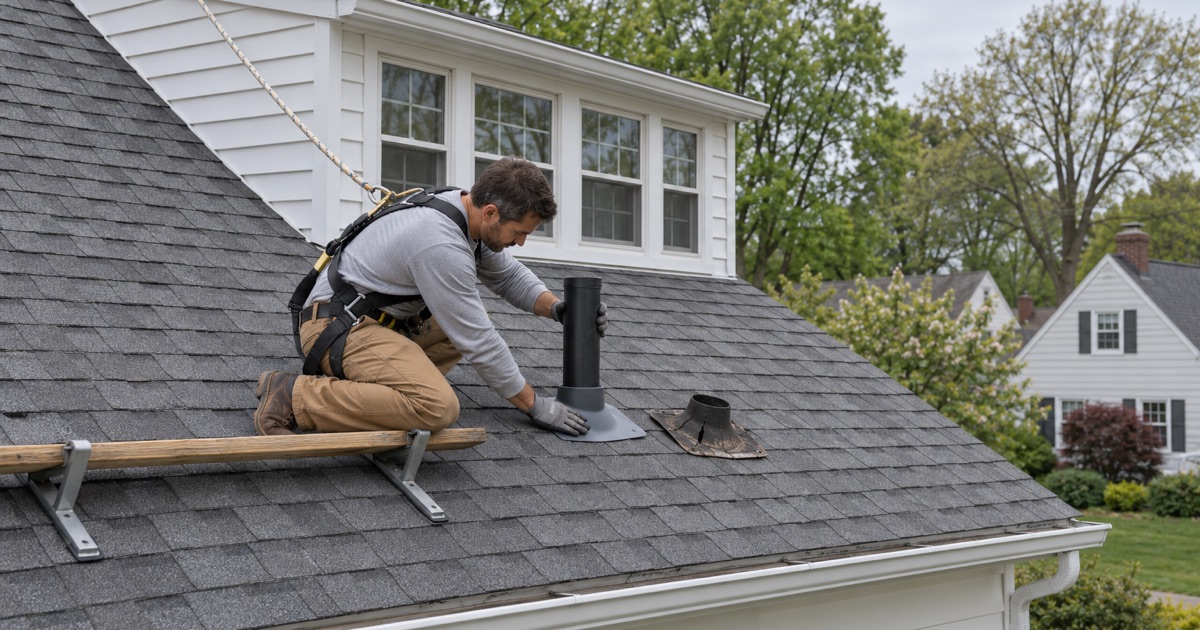 A new pipe boot fitted around a plumbing vent on the rear roof of a Cape Cod in Abington Township to stop a leak.