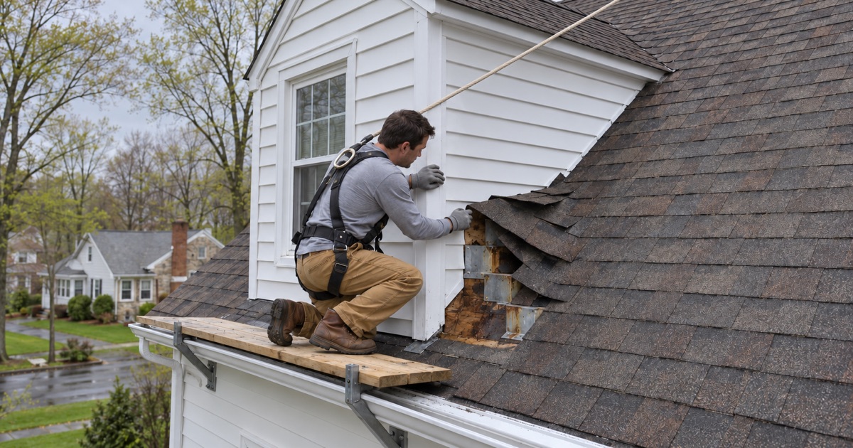 A roofer lifting shingles beside a Cape Cod dormer in Abington Township to find where water was getting in along the cheek wall.