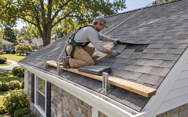 A roofer replacing a few missing shingles on the front slope of a 1950s ranch in Abington Township.