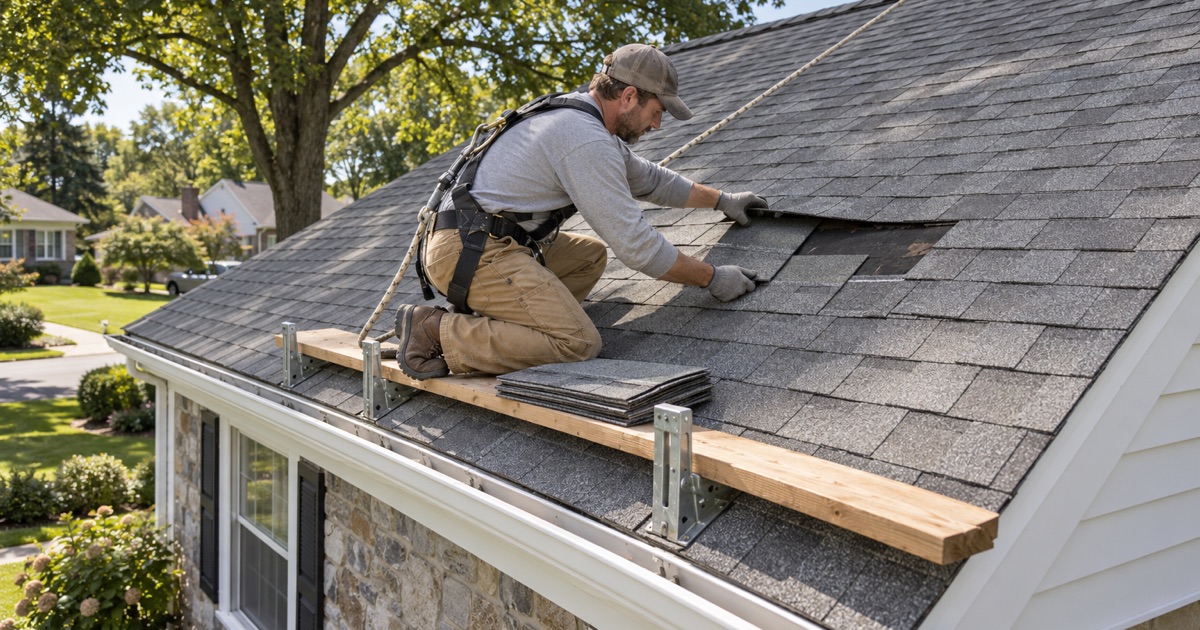 A roofer replacing a few missing shingles on the front slope of a 1950s ranch in Abington Township.
