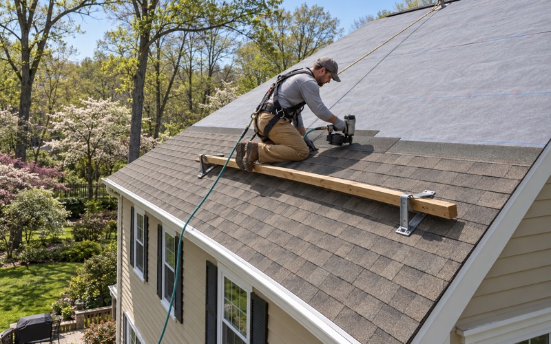 A new architectural shingle roof being nailed down over fresh underlayment on a 1950s colonial in Abington Township.