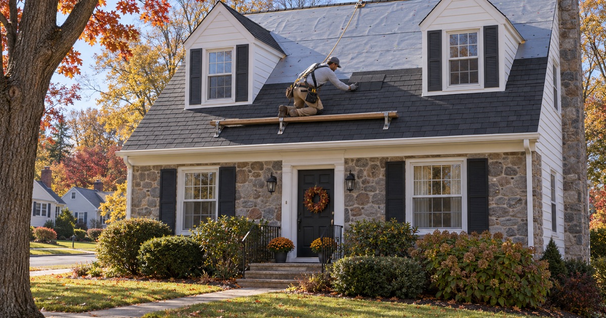 A roofer setting a new course of charcoal shingles on a 1950s fieldstone-front Cape Cod in Roslyn, Abington Township.