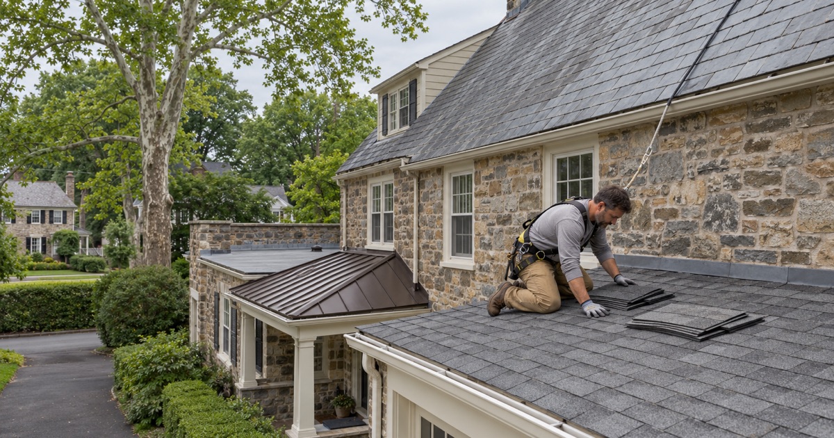 Four roofs on one prewar stone house in Glenside: slate on the main roof, a metal porch roof, a flat rear roof and shingles over the garage.