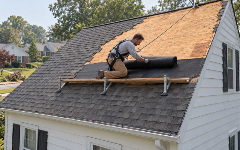New felt being rolled across a section of roof stripped to the deck by a storm on a Cape Cod in Abington Township.
