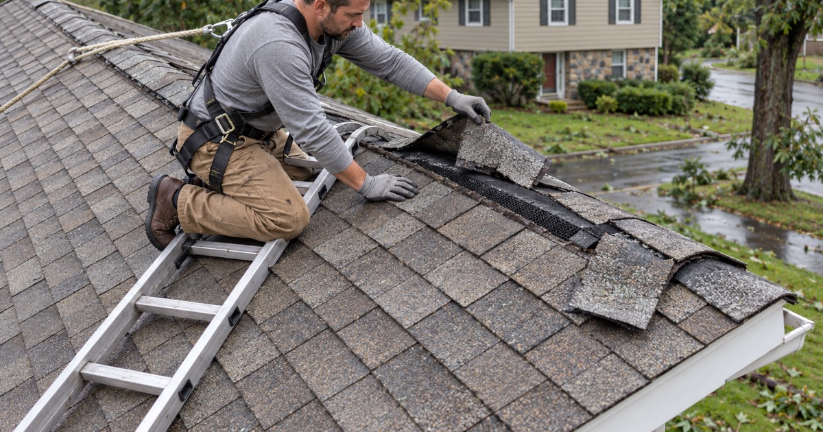 A roofer checking ridge cap shingles torn loose by high wind on a split-level in Abington Township before the claim is filed.